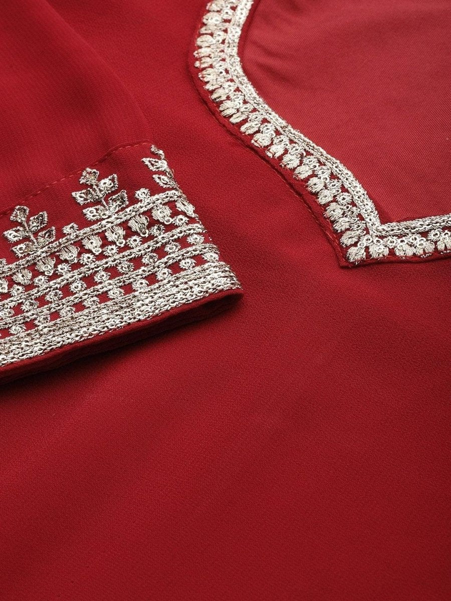 Red Georgette Embroidered Kurta Sharara Dupatta Set - inddus-us