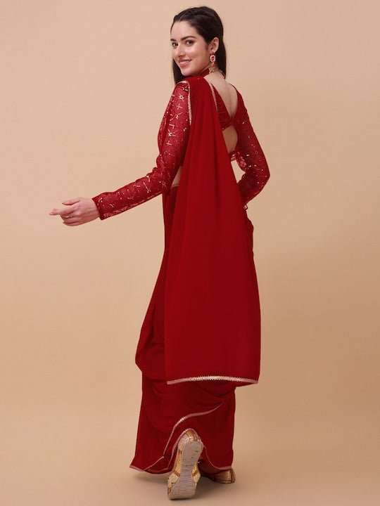 Red & Gold-Toned Sequinned Saree - Inddus.com