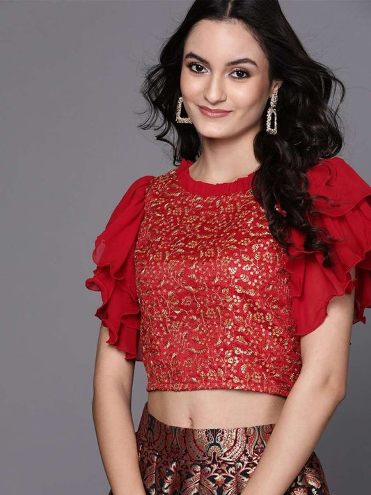 Red & Golden Embroidered Crop Top - inddus-us