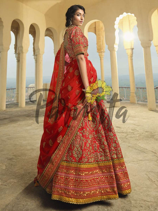 Red Hand Embroidered Lehenga Choli Set - Inddus.com