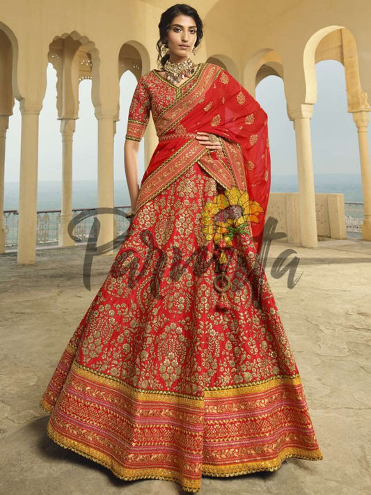 Red Hand Embroidered Lehenga Choli Set - Inddus.com