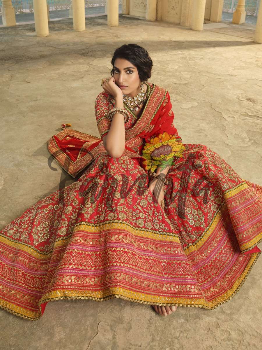 Red Hand Embroidered Lehenga Choli Set - Inddus.com