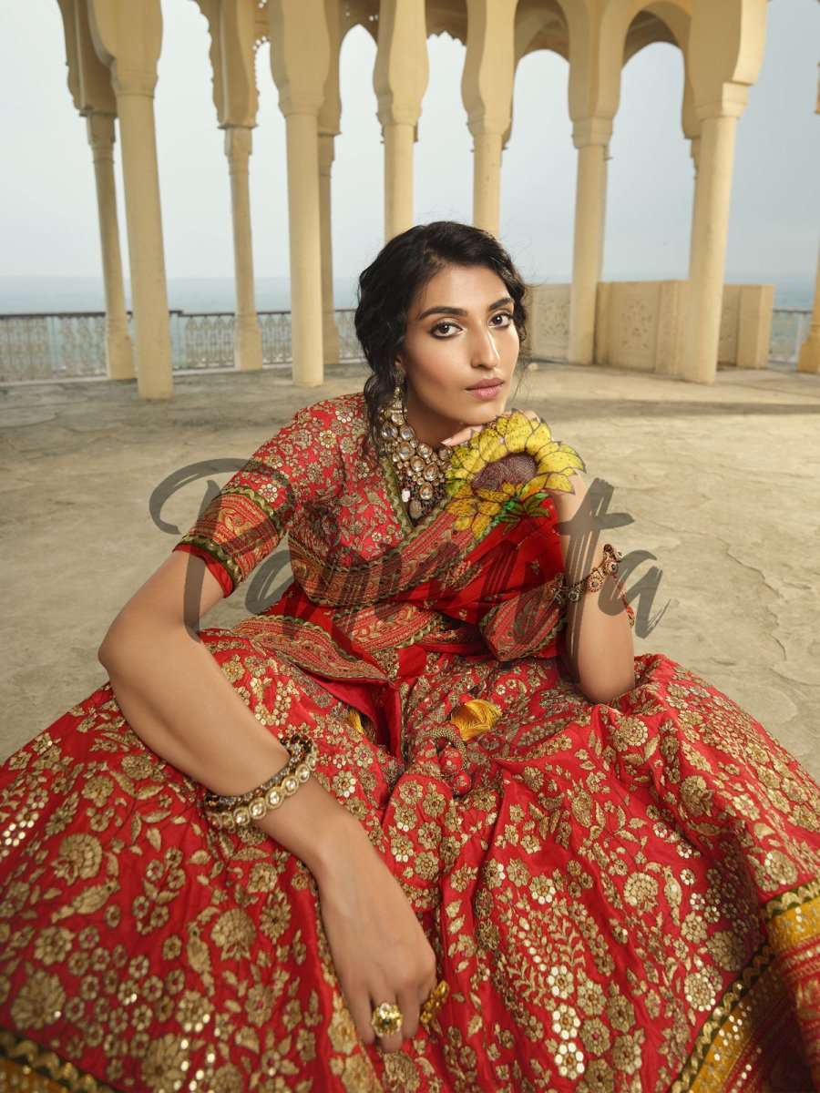 Red Hand Embroidered Lehenga Choli Set - Inddus.com