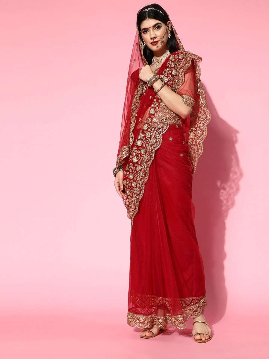 Red Net Embroidere Saree with Blouse Piece - Inddus.com