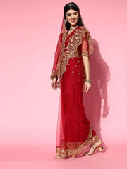 Red Net Embroidere Saree with Blouse Piece - Inddus.com