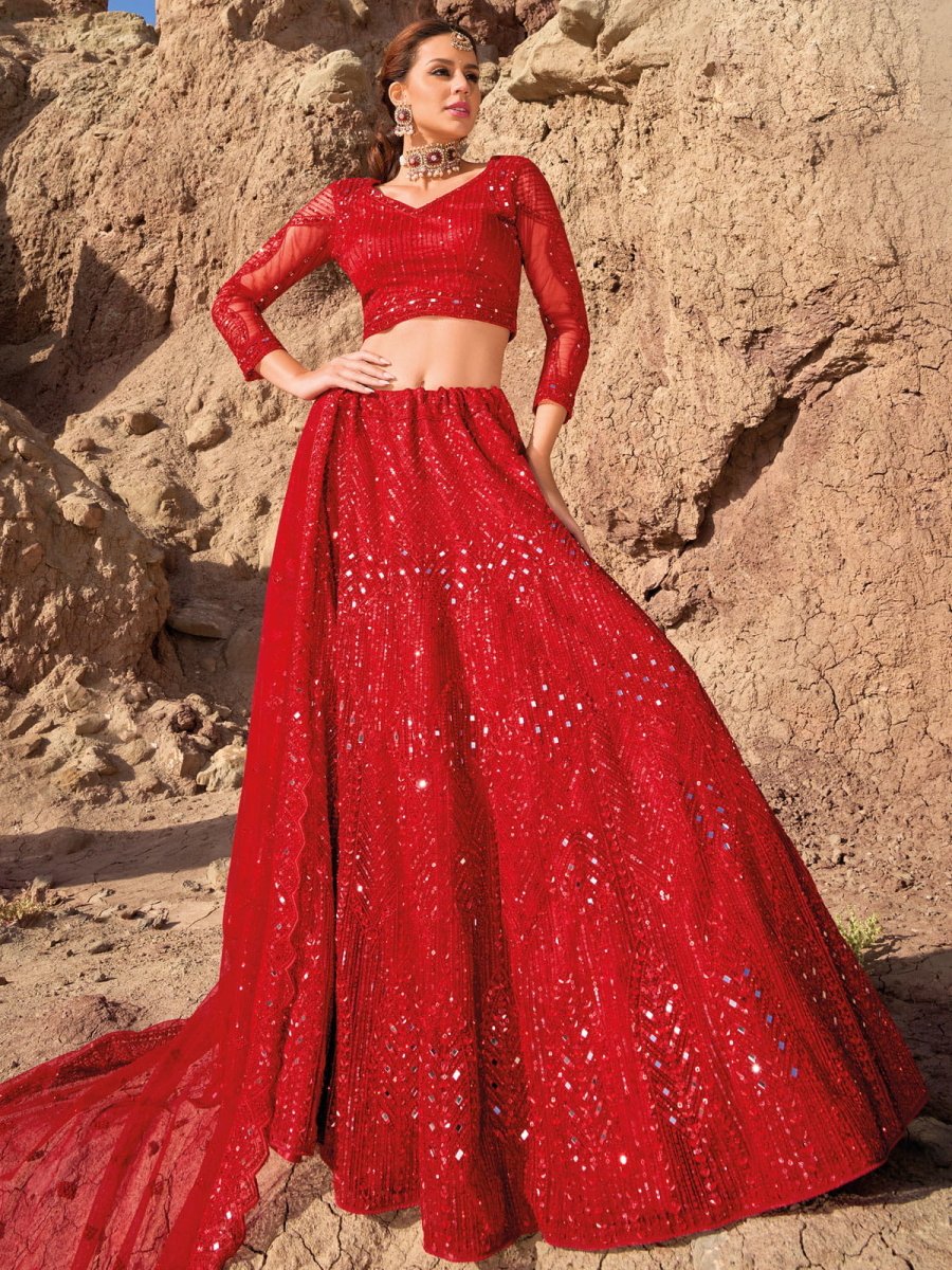 Red Net Embroidered Lehenga Choli - Inddus.com