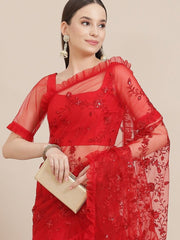 Red Net Embroidered Ruffled Saree - Inddus.com
