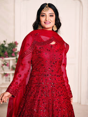 Red Net Partywear Anarkali Suit - Inddus.com