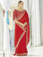 Red Organza Thread Embroiderd Saree - Inddus.com