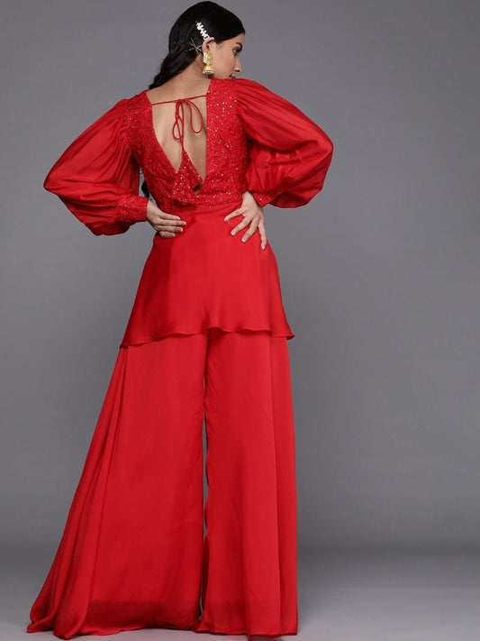 Red Silk Blend Embellished Palazzo Style Suit - inddus-us