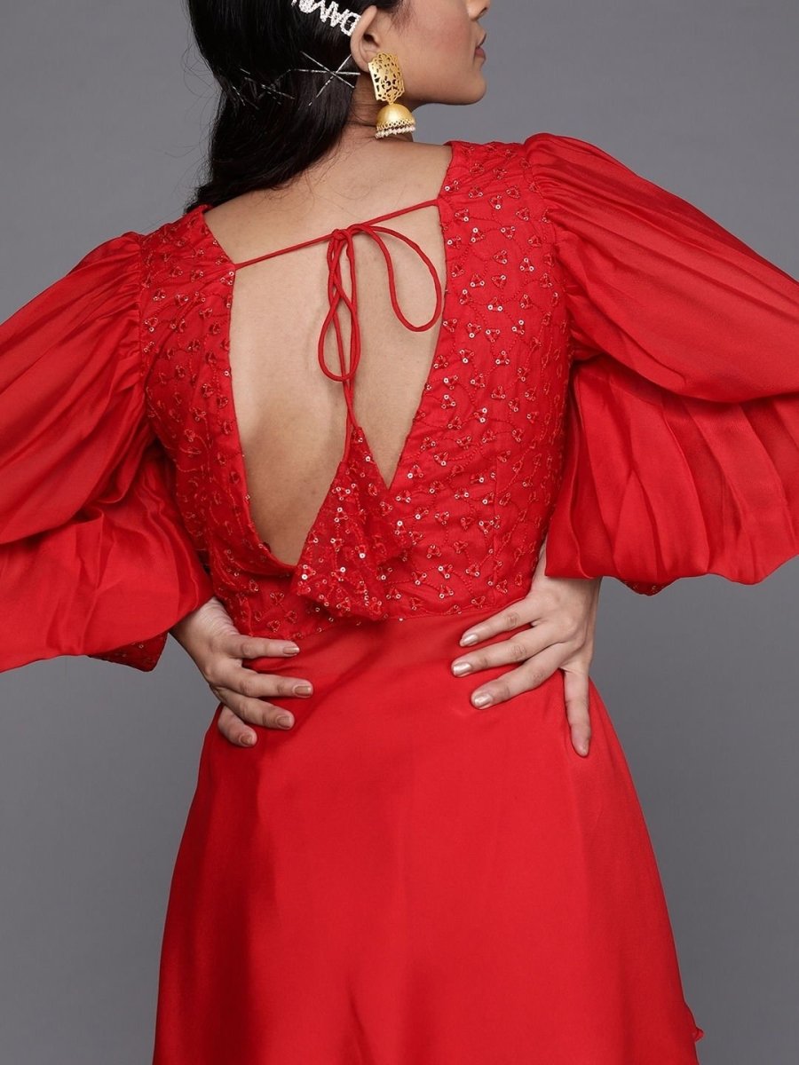 Red Silk Blend Embellished Palazzo Style Suit - inddus-us