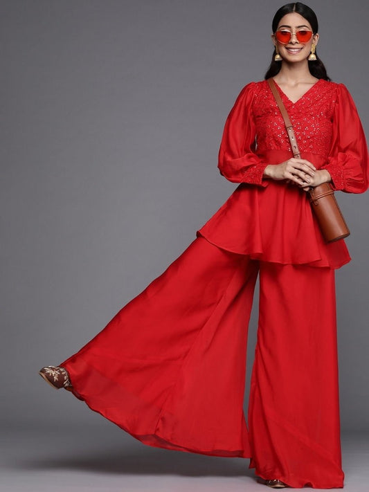Red Silk Blend Embellished Palazzo Style Suit - inddus-us