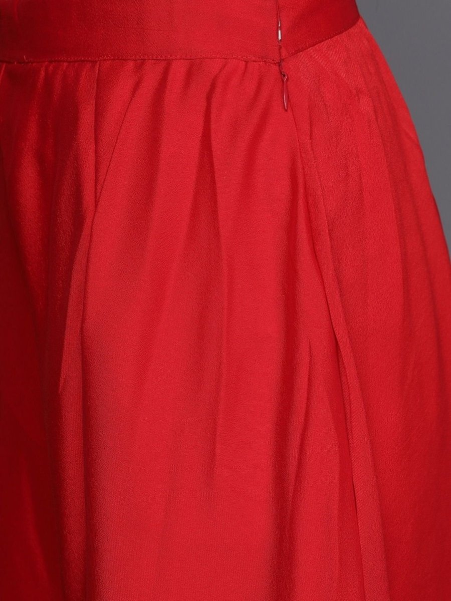 Red Silk Blend Embellished Palazzo Style Suit - inddus-us