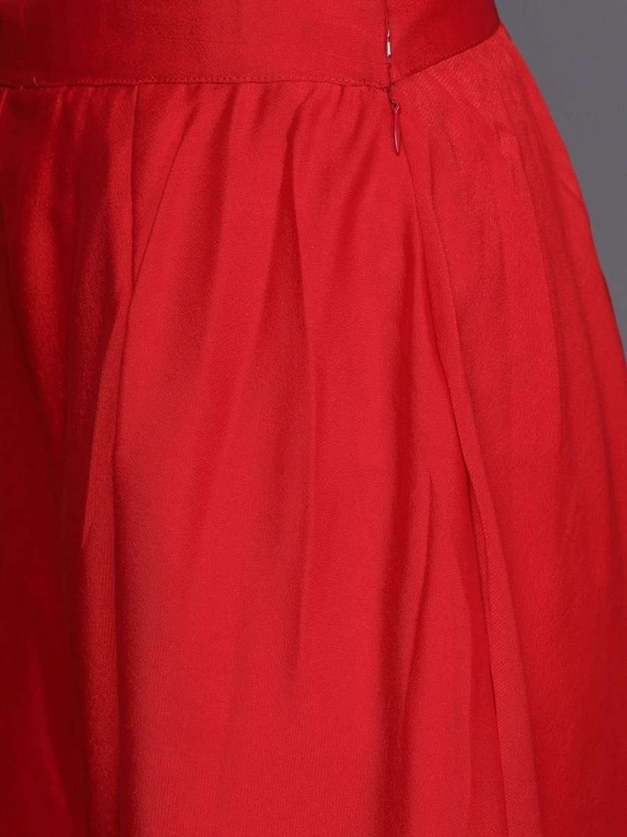 Red Silk Blend Embellished Palazzo Style Suit - inddus-us