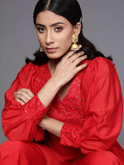 Red Silk Blend Embellished Palazzo Style Suit - inddus-us