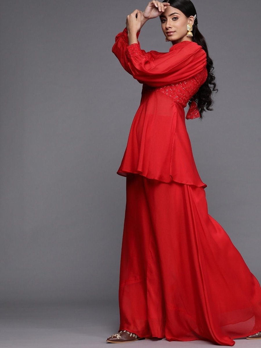 Red Silk Blend Embellished Palazzo Style Suit - inddus-us