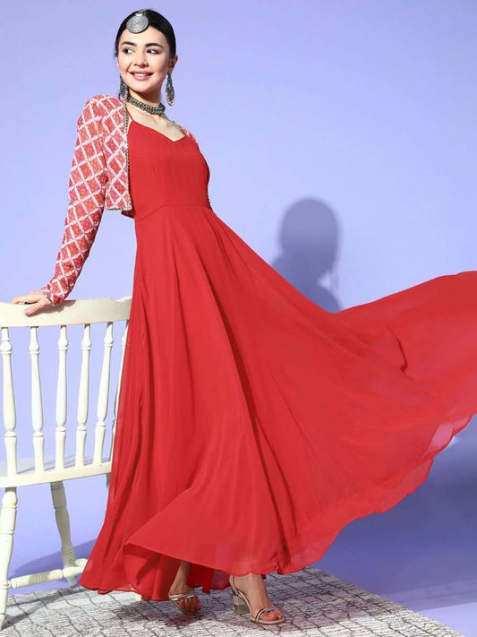 Red Solid Gown with Embroidered Jacket - Inddus.com