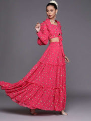 Redefined Magenta Pink Poly Georgette Printed Crop Top - inddus-us