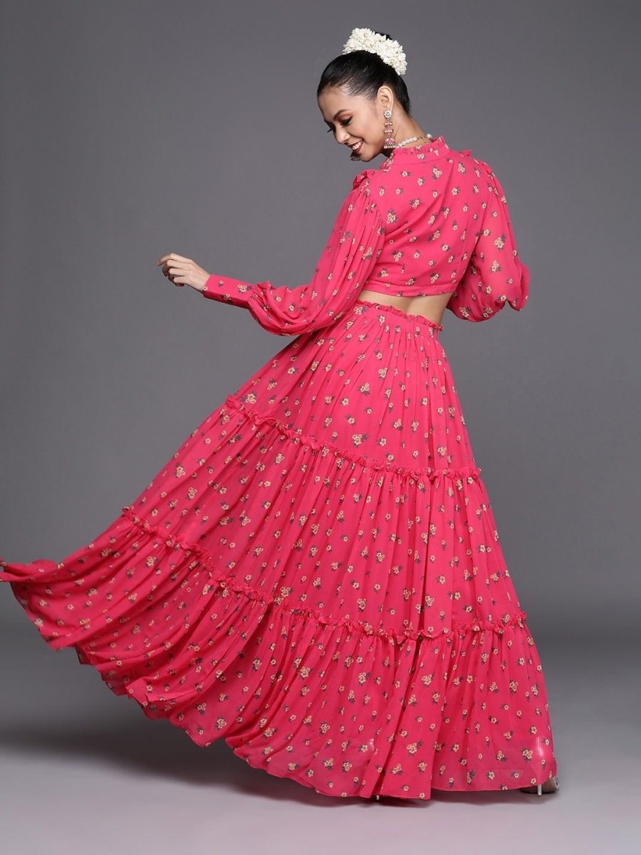 Redefined Magenta Pink Poly Georgette Printed Crop Top - inddus-us