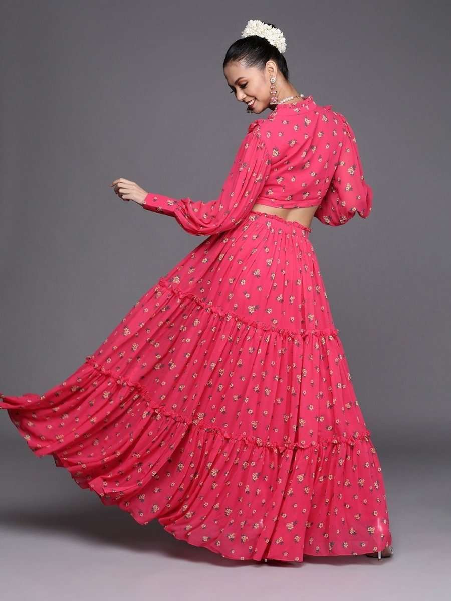 Redefined Magenta Pink Poly Georgette Printed Crop Top - inddus-us