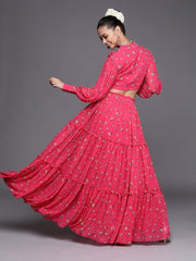 Redefined Magenta Pink Poly Georgette Printed Crop Top - inddus-us