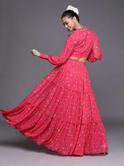 Redefined Magenta Pink Poly Georgette Printed Crop Top - inddus-us