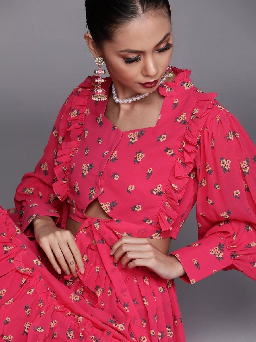 Redefined Magenta Pink Poly Georgette Printed Crop Top - inddus-us