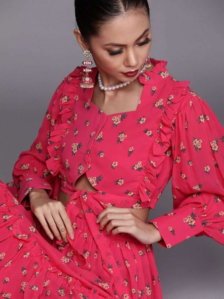 Redefined Magenta Pink Poly Georgette Printed Crop Top - inddus-us