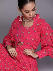 Redefined Magenta Pink Poly Georgette Printed Crop Top - inddus-us