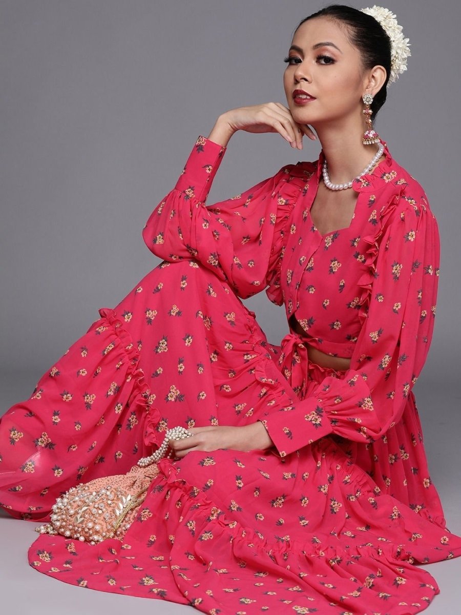 Redefined Magenta Pink Poly Georgette Printed Crop Top - inddus-us