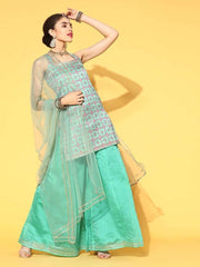 redefined sea green silk blend woven design kurta set