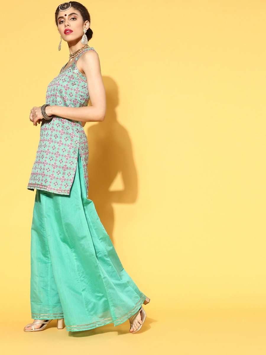 redefined sea green silk blend woven design kurta set