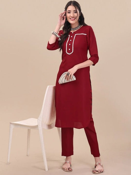 Round Neck Straight Kurta with Trousers - Inddus.com