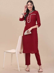 Round Neck Straight Kurta with Trousers - Inddus.com