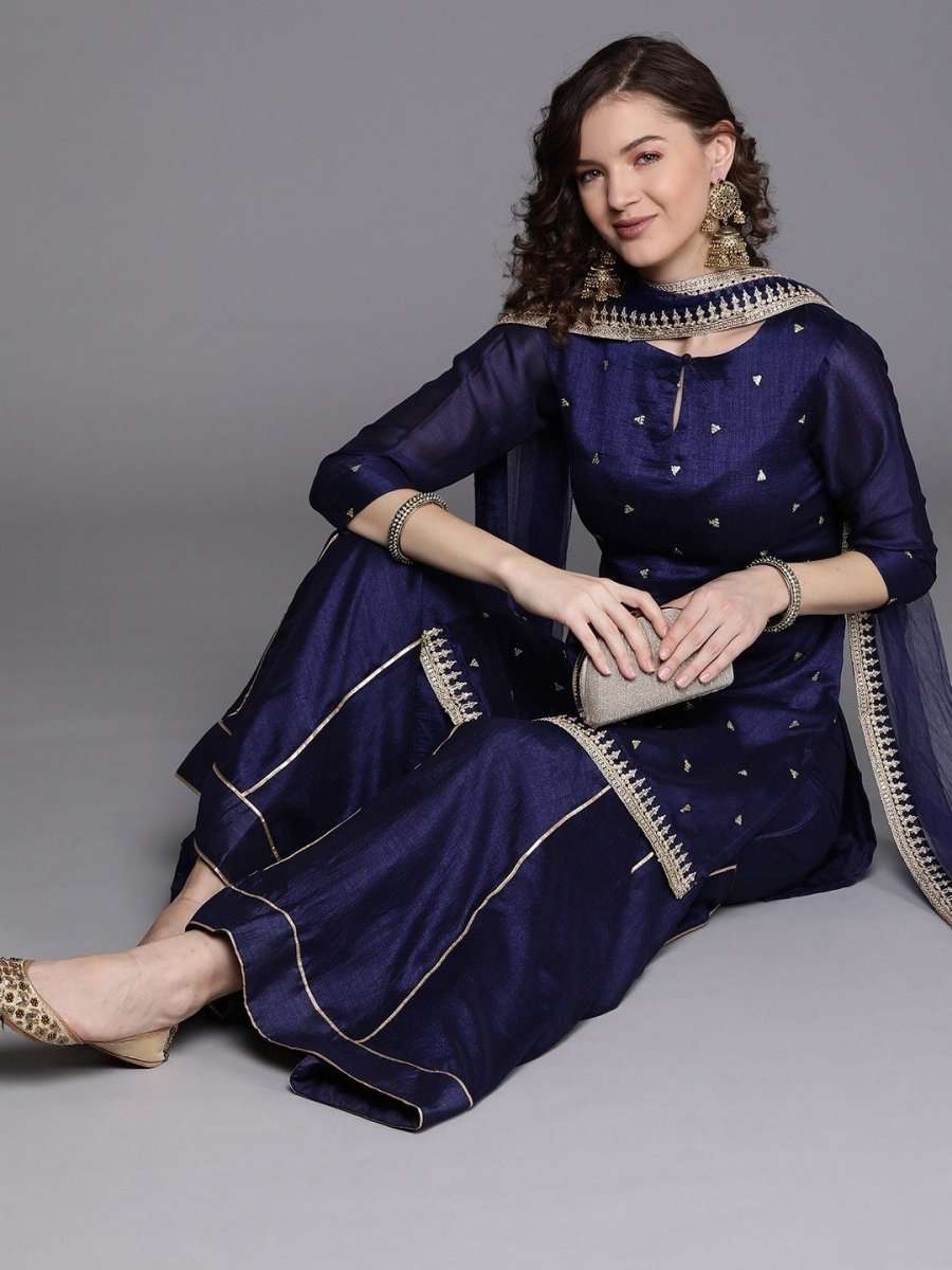 Royal Blue Embroidered Kurta with Sharara and Net Dupatta - Inddus.com