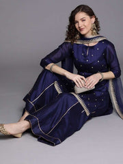 Royal Blue Embroidered Kurta with Sharara and Net Dupatta - Inddus.com