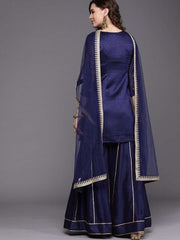 Royal Blue Embroidered Kurta with Sharara and Net Dupatta - Inddus.com
