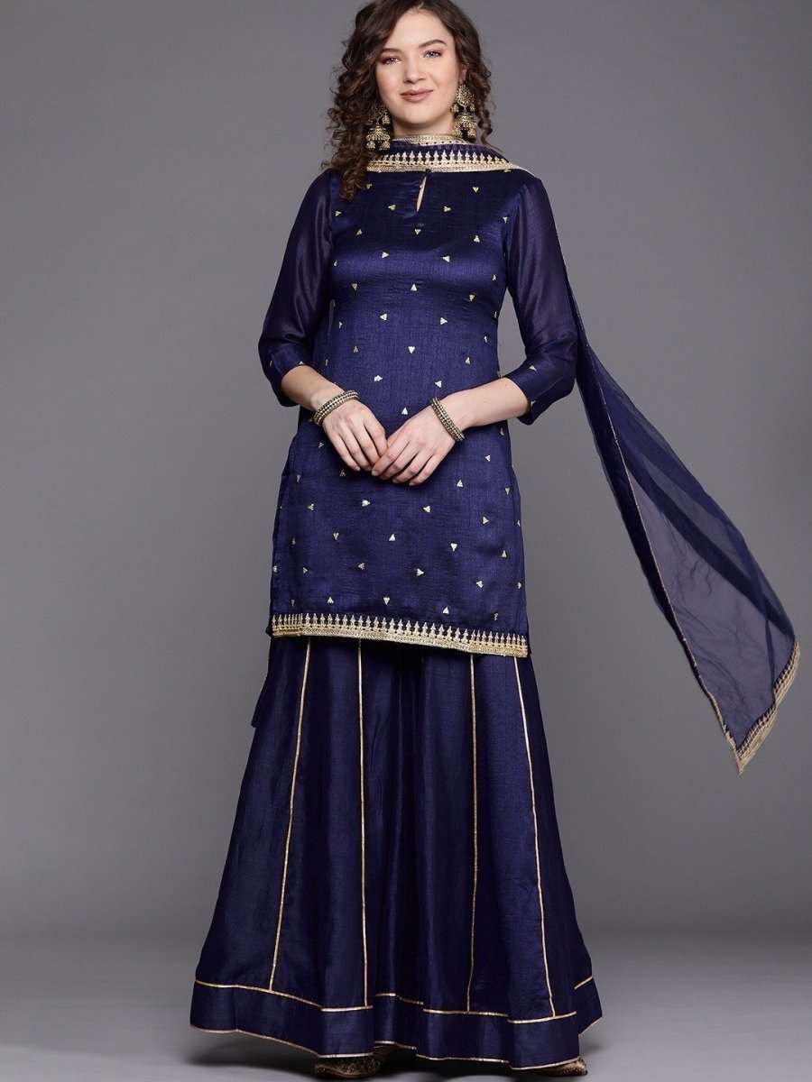 Royal Blue Embroidered Kurta with Sharara and Net Dupatta - Inddus.com