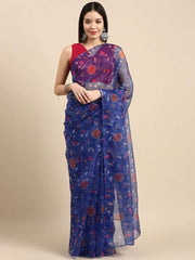 Royal Blue Floral Organza Digital Print Saree - Inddus.com