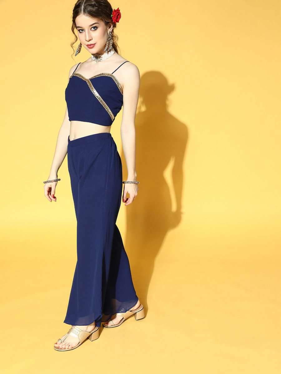 Royal Blue Sequinned Embroidered Top & Solid Palazzo with Jacket - Inddus.com