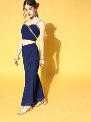 Royal Blue Sequinned Embroidered Top & Solid Palazzo with Jacket - Inddus.com