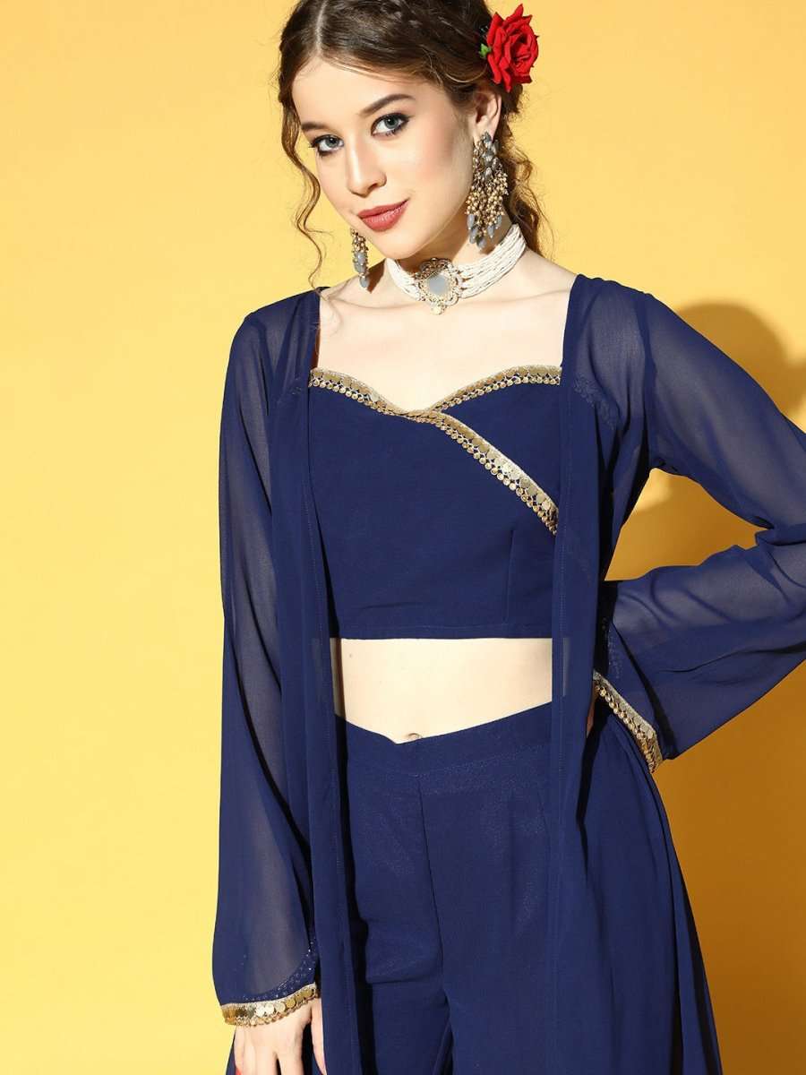 Royal Blue Sequinned Embroidered Top & Solid Palazzo with Jacket - Inddus.com