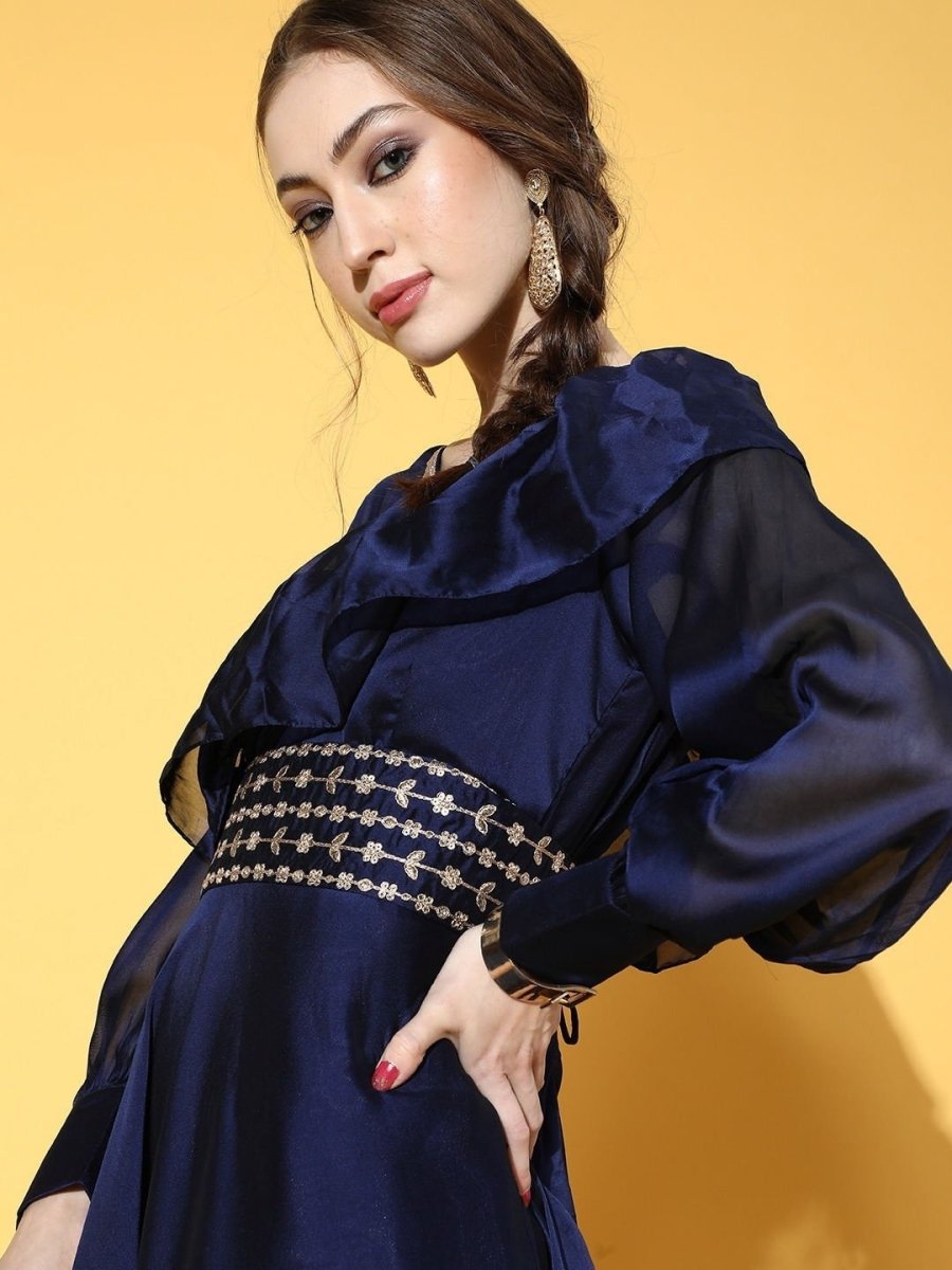 Royal Blue Solid Flared Gown with attached Ruffled Dupatta - inddus-us