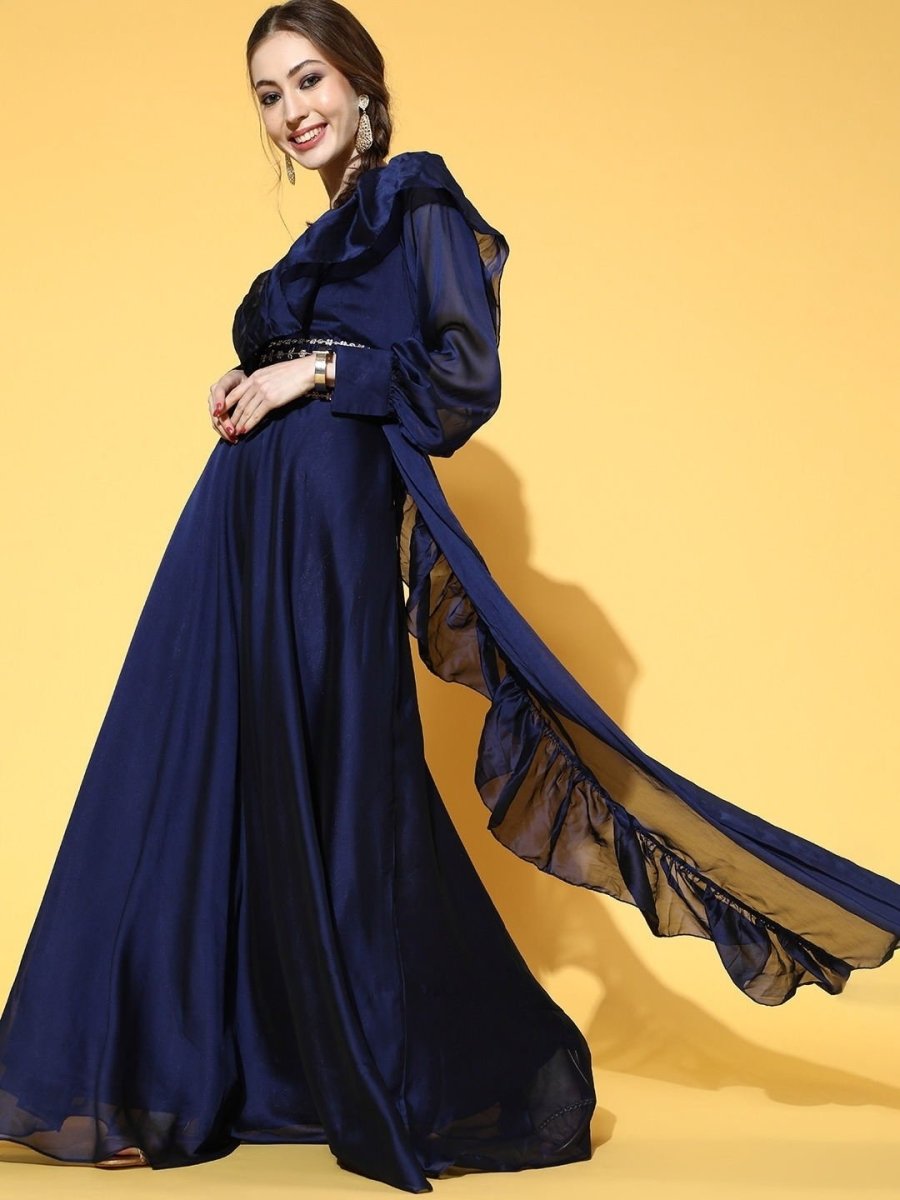 Royal Blue Solid Flared Gown with attached Ruffled Dupatta - inddus-us