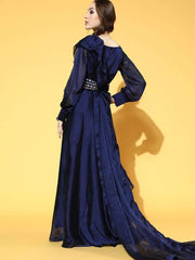 Royal Blue Solid Flared Gown with attached Ruffled Dupatta - inddus-us
