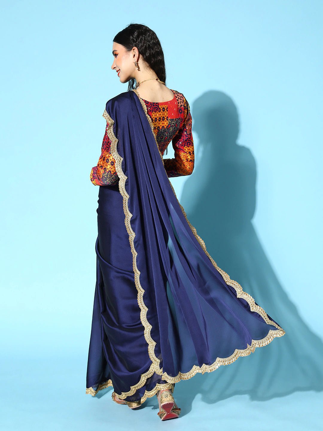 Royale Blue Solid Saree with Brocade Blouse Piece - Inddus.com