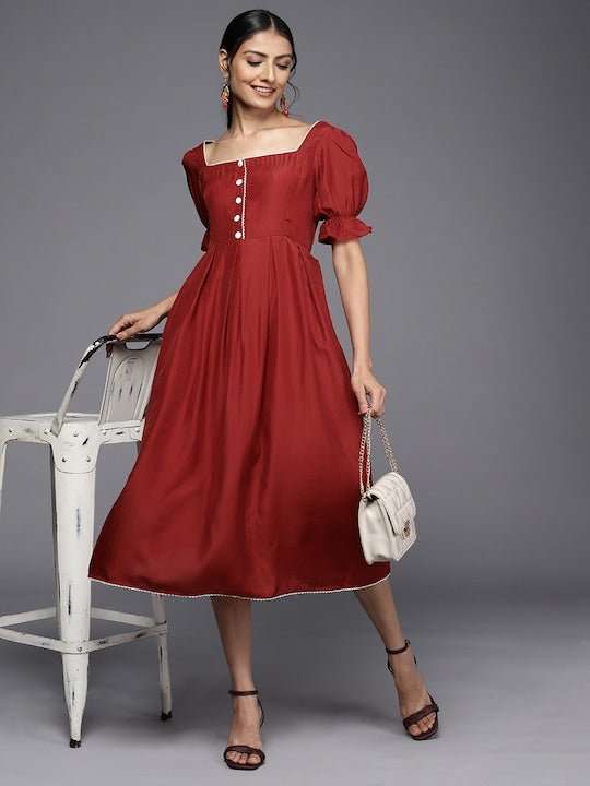 Rust A-Line Midi Dress - Inddus.com