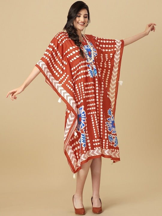 Rust & Blue Abstract Printed Kaftan Kurta With Tassel Details - Inddus.com