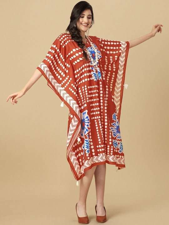 Rust & Blue Abstract Printed Kaftan Kurta With Tassel Details - Inddus.com
