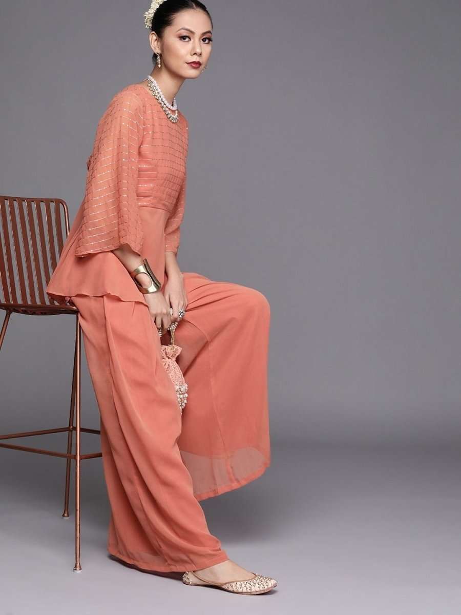 Rust Embroidered Kurta with Sharara - inddus-us